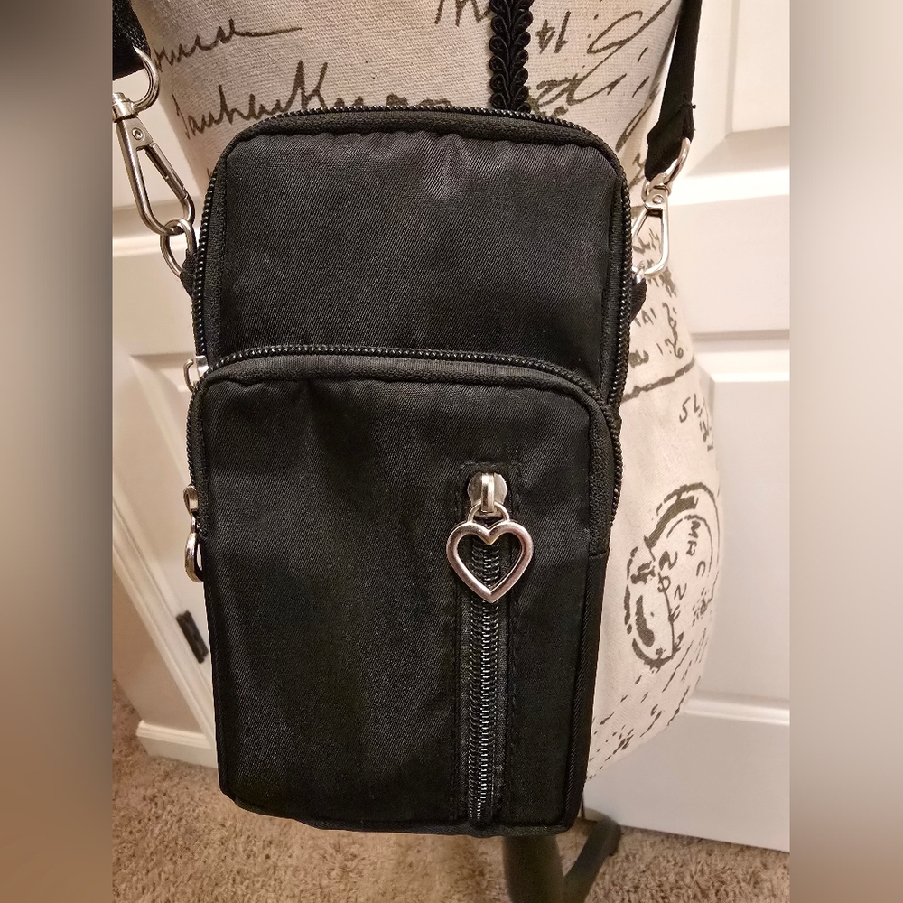 Black Crossbody Bag with Heart Zipper
